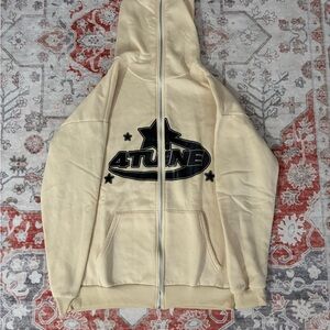 Cream Full Zip-Up Hoodie with Navy Blue Logo